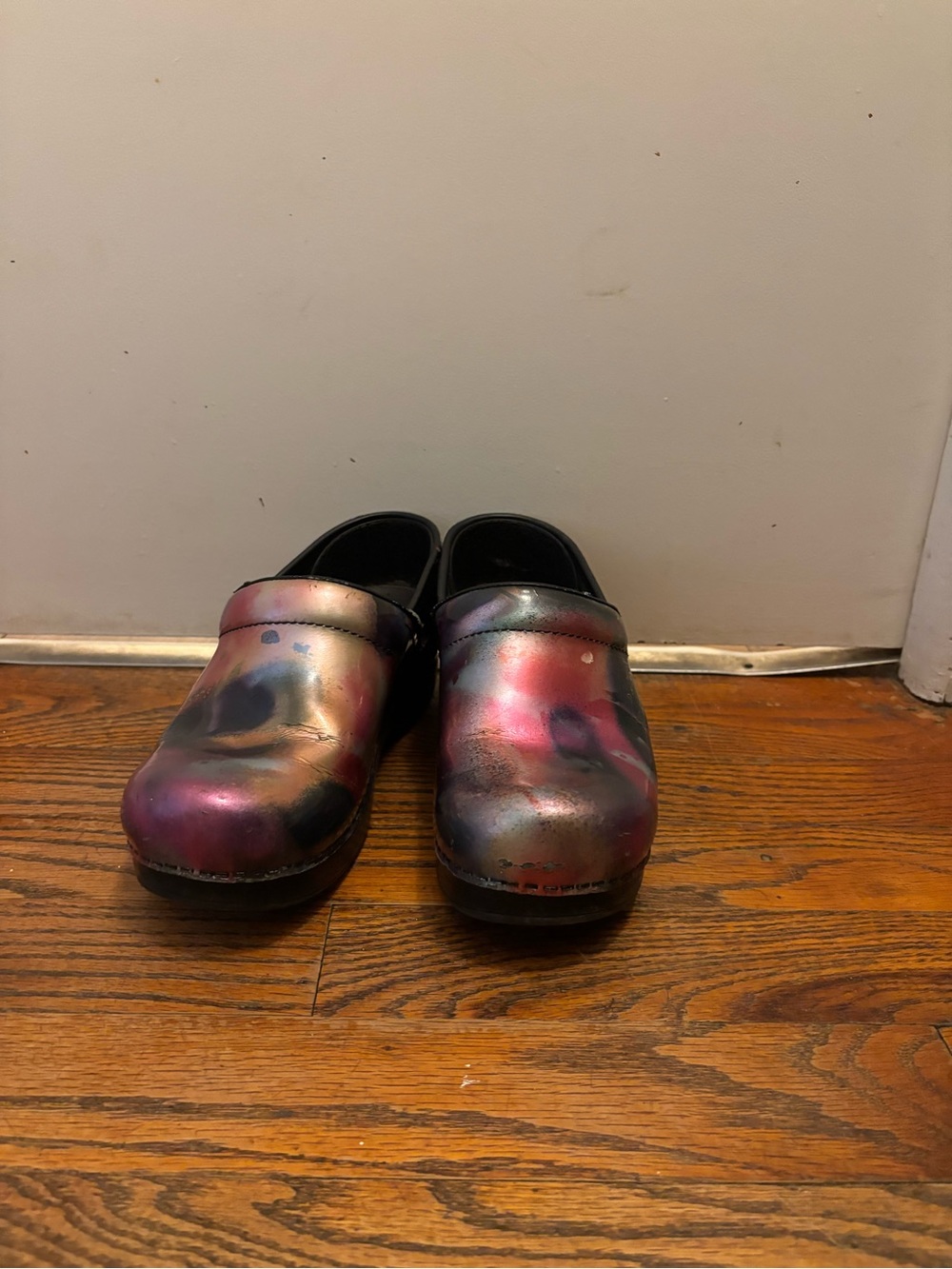 Dansko Metallic Multi-Tone Slip-On Clogs in Pink, Purple and Blue